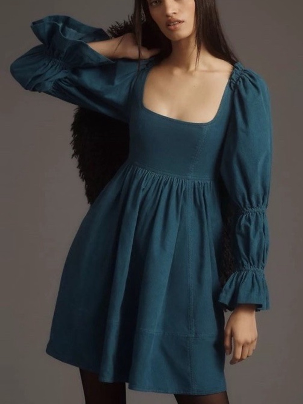 Anthropologie Pilcro Square-Neck Corduroy Babydoll Mini Dress